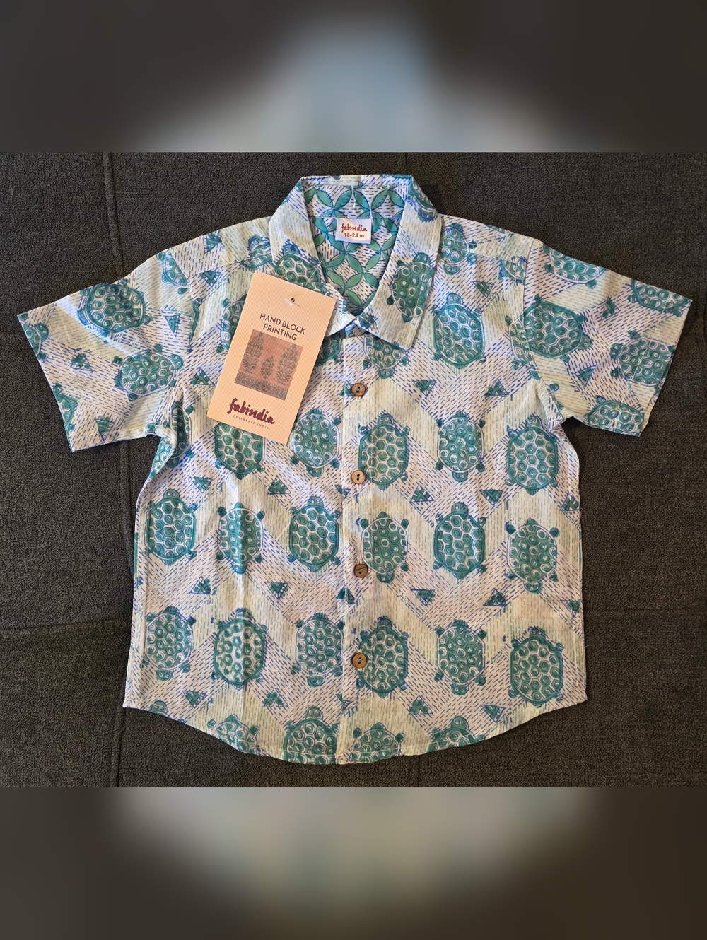 fabindia Blue Teal Printed Short-Sleeve Button-Down Shirt (Size 18-24m)